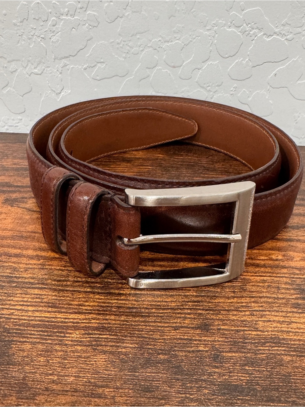 Allen Edmonds Calfskin Brown Leather Belt Size 38 Brushed Silver Buckle USA Made